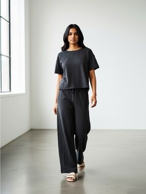 1242• Black 100% Cotton Slub Knit Drawstring Wide Leg Pants Side Split Top Set